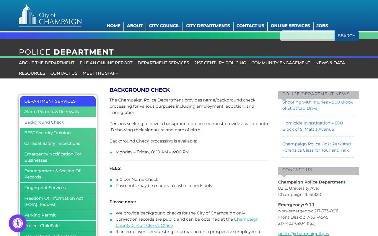 Champaign Police background check page for bench warrant records
