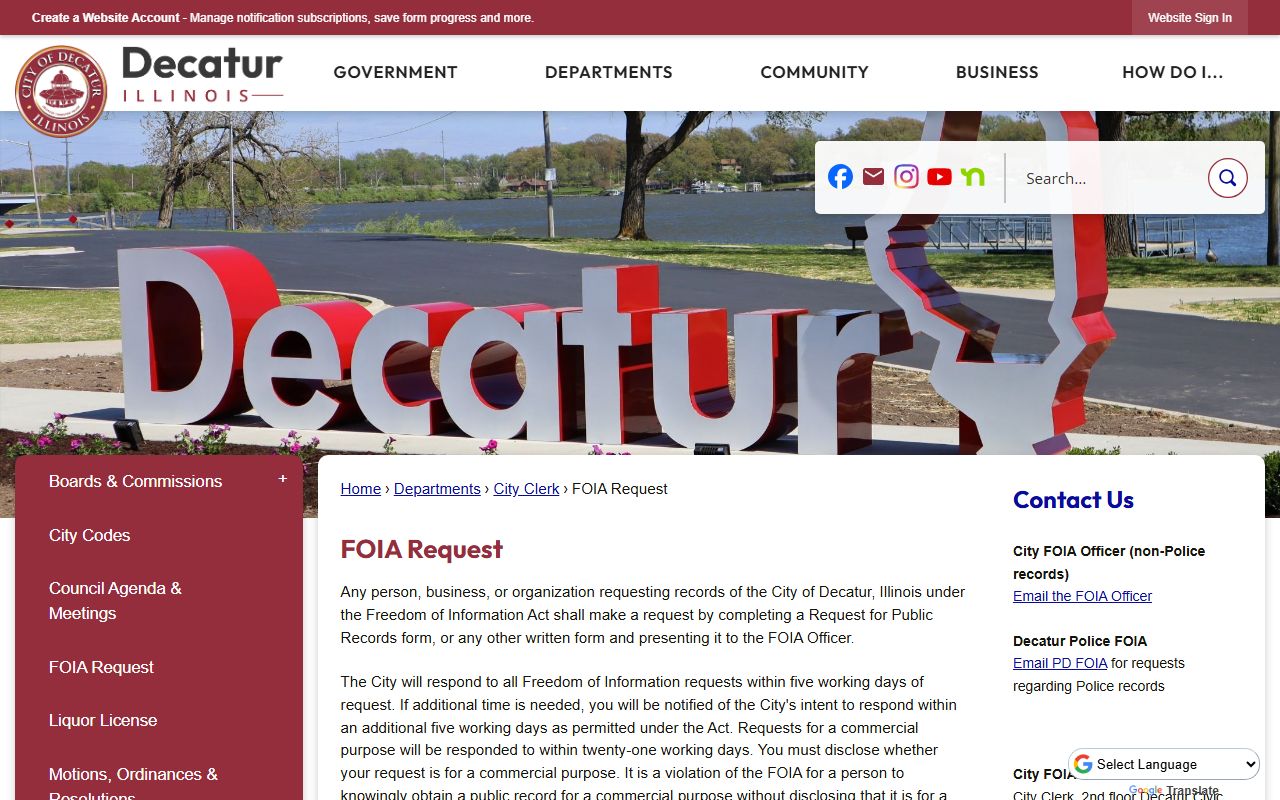 Decatur city website with FOIA request information for bench warrants