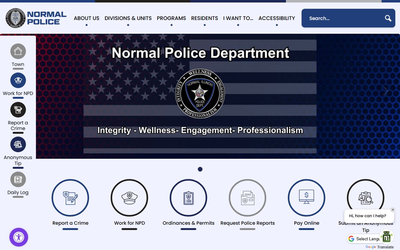 Town of Normal website with police department information for bench warrant inquiries