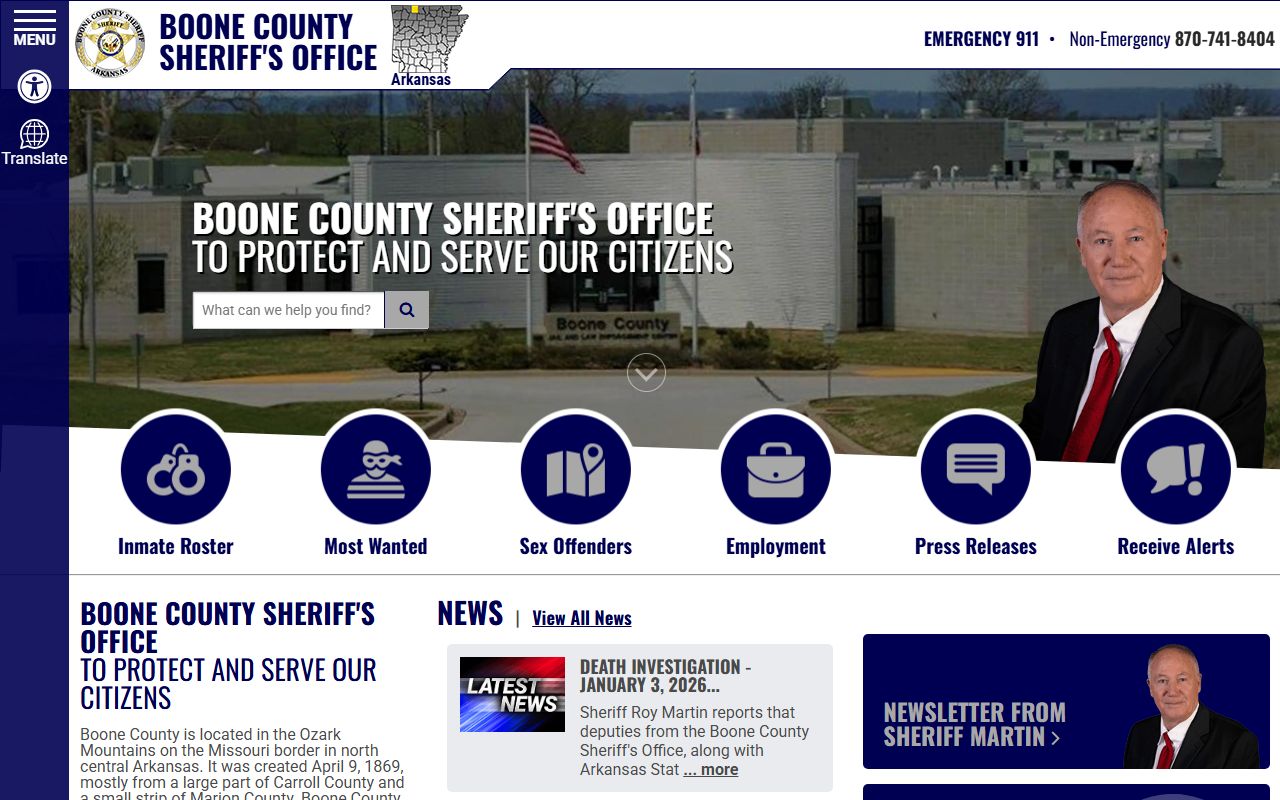 Boone County Sheriff Office website for bench warrant information