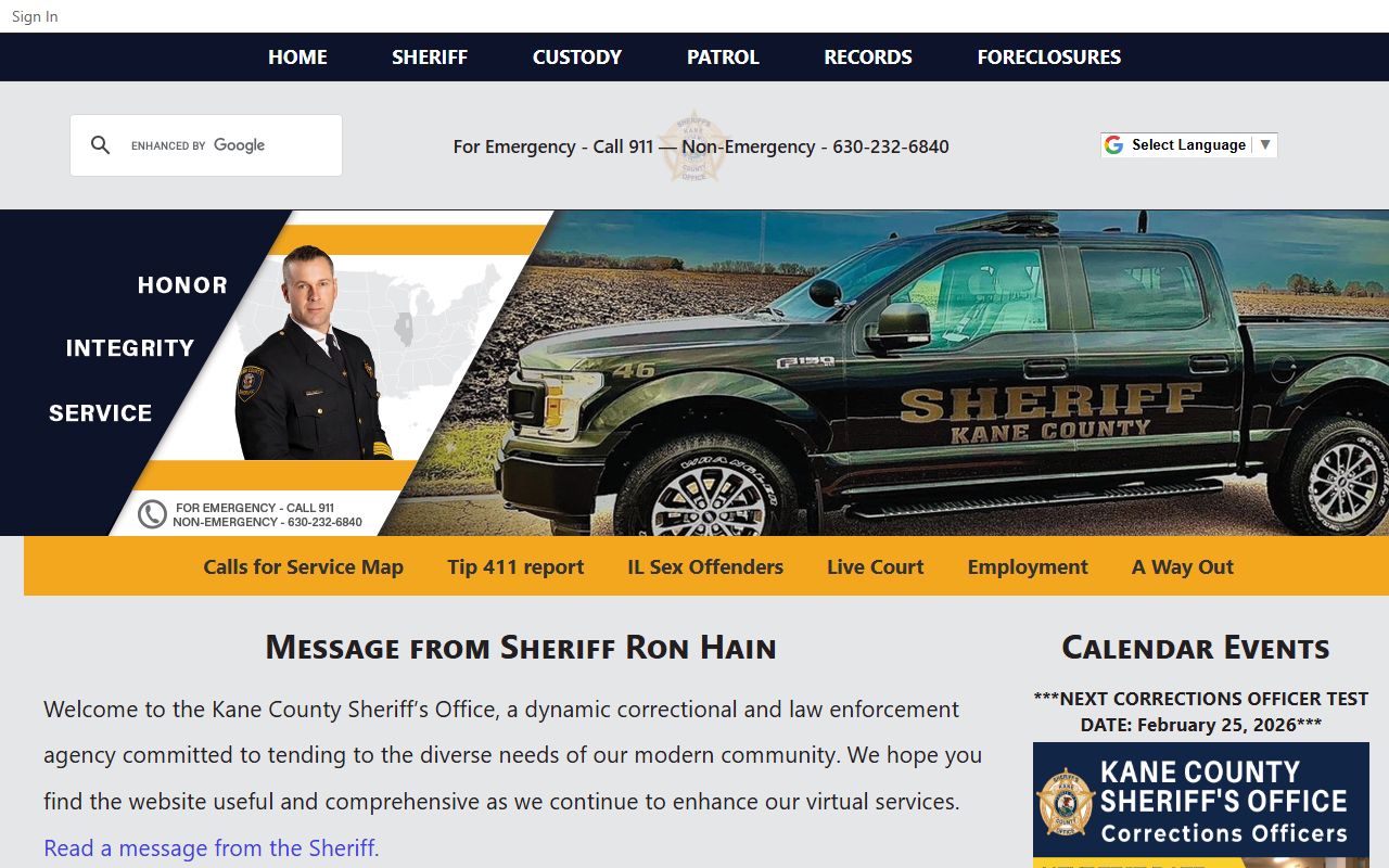 Kane County Sheriff Office website for bench warrant information