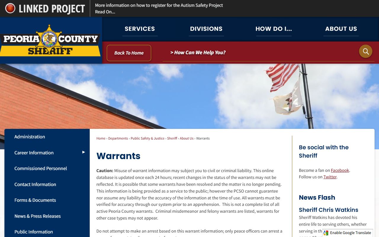 Peoria County Sheriff Office website with warrant information