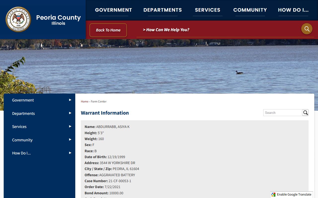 Peoria County online warrant search form for bench warrant lookups