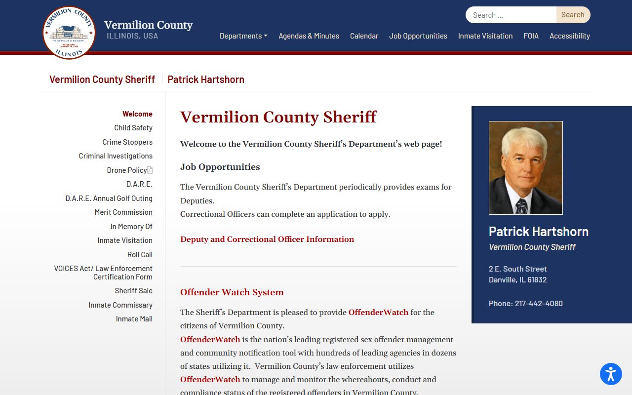 Vermilion County Sheriff Office website for bench warrant search and information